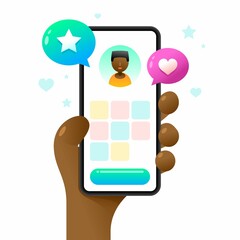 Wall Mural - Smartphone mockup in human hand. Images and video on the profile screen. Vector colorful social media illustration. Instagram, Whatsapp, Skype