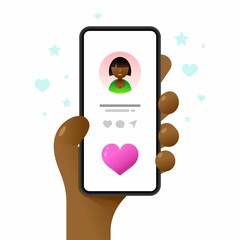 Wall Mural - Smartphone mockup in human hand. Profile screen. Perfect love match. Vector colorful social media illustration. Instagram, Whatsapp, Skype