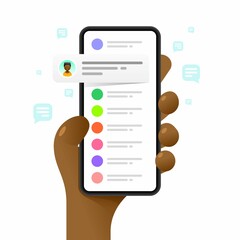 Wall Mural - Smartphone mockup in human hand. Chat communications. Messaging. Vector colorful social media illustration. Instagram, Whatsapp, Skype