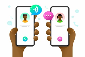Wall Mural - Smartphone mockup in human hand. Calls to each other. Contacting someone. Messaging. Vector colorful social media illustration. Instagram, Whatsapp, Skype