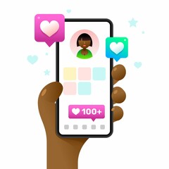 Wall Mural - Smartphone mockup in human hand. Profile screen with a lot of likes. Vector colorful social media illustration. Instagram, Whatsapp, Skype