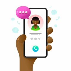 Wall Mural - Smartphone mockup in human hand. Calling to contact. Vector colorful social media illustration. Instagram, Whatsapp, Skype