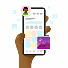 Wall Mural - Smartphone mockup in human hand. App dashboard. Profile main screen. Vector colorful social media illustration. Instagram, Whatsapp, Skype