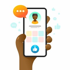 Wall Mural - Smartphone mockup in human hand. Profile page with Like button. Vector colorful social media illustration. Instagram, Whatsapp, Skype