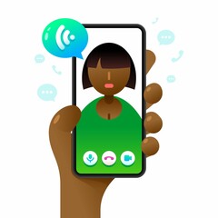 Wall Mural - Smartphone mockup in human hand. Online voice call. Vector colorful social media illustration. Instagram, Whatsapp, Skype