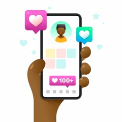 Wall Mural - Smartphone mockup in human hand. Profile screen with a lot of likes. Vector colorful social media illustration. Instagram, Whatsapp, Skype