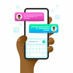Wall Mural - Smartphone mockup in human hand. Text messages. Messaging. Vector colorful social media illustration. Instagram, Whatsapp, Skype