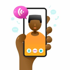 Wall Mural - Smartphone mockup in human hand. Online voice call. Vector colorful social media illustration. Instagram, Whatsapp, Skype