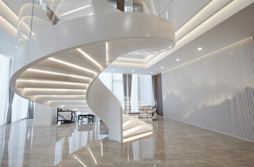 modern chinese style office, wide and bright lobby and stairs