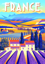 Rural Landscape With Lavender Field And Farm In Provence, France. Handmade Drawing Vector Illustration. Vintage Style Poster.