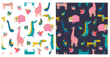 Seamless Vector Cute Colorful Pattern With Animals. Kids Drawing With Naive Characters On White And Blue Background.