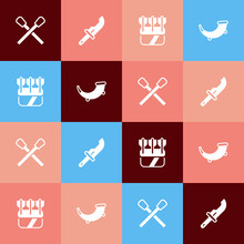 Set Pop Art Burning Match With Fire, Hunter Knife, Quiver Arrows And Hunting Horn Icon. Vector