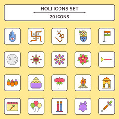  Flat Style Holi Icon Set On Yellow And White Square Background.