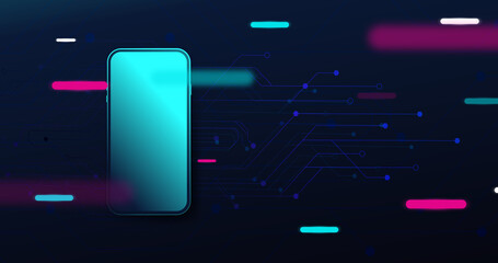 Poster - 3d Smartphone Mockup with Abstract circuit board and geometric neon lines glow up background