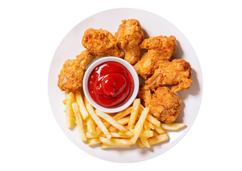 Canvas Print - plate of fried chicken with french fries isolated on white background