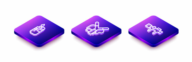 Sticker - Set Isometric line Lighter, Slingshot and Sniper optical sight icon. Vector