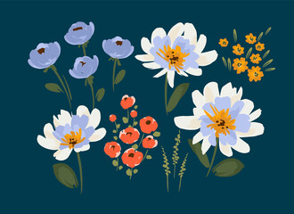 Wall Mural - Set of floral design elements. Leaves, flowers, grass, branches. Vector