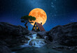 canvas print picture - House over waterfall with starry sky and moon