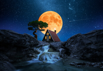 Wall Mural - house over waterfall with starry sky and moon