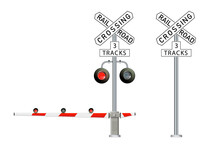 Road Signs And Railroad Crossing Barriers Are Used In The United States.traffic Light, Railway Barriers Close Isolated On White Background, Design Concept For Start Up, Business Solutions,