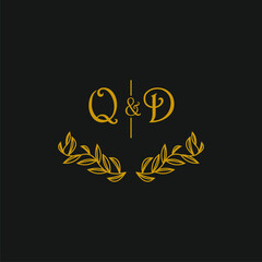 QD initial monogram wedding with creative leaf line