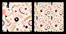 Modern Youth Seamless Pattern For Girls. Abstract Pink, Black Shapes, Spots, Dots, Circles, Eyelashes And Leaves. Grunge Elements. Textile, Clothing, Print, Cover.