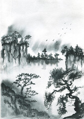 Wall Mural - Watercolor illustration of Asian birds.Chinese traditional landscape painting of mountains. painting with misty forest trees on white background.