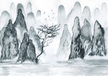 Watercolor Illustration Of Asian Birds.Chinese Traditional Landscape Painting Of Mountains. Painting With Misty Forest Trees On White Background.