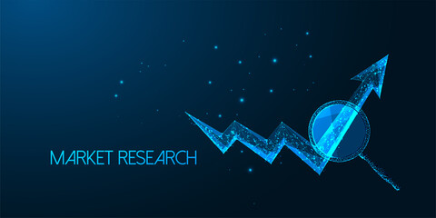 Wall Mural - Futuristic market research concept with glowing low polygonal magnifying glass and data growth arrow
