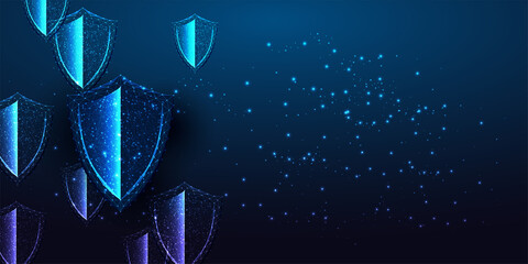 Wall Mural - futuristic cyber security, protection concept banner with glowing shields, copy space on dark blue