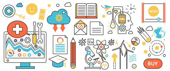 Poster - New product creation technology. Abstract production of ideas, human head with bright light bulb and battery, science research and equipment in infographic concept banner, thin line art design