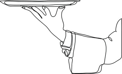 continuous one line sketch drawing of waiter hand holding empty plate, line art illustration of waiter hand with food plate