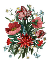 Bouquet With Vintage Flowers Such As Tulip, Poppies And Chamomiles. Classical Vector Wallpaper.