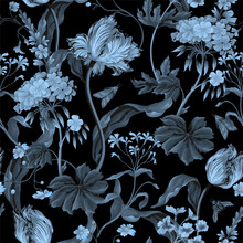 Seamless Monochrome Pattern With Tulips, Geraniums And Bugs. Vector.
