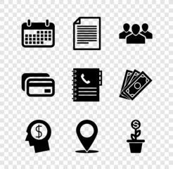 Poster - Set Calendar, Document, Users group, Business man planning mind, Map pin and Dollar plant the pot icon. Vector