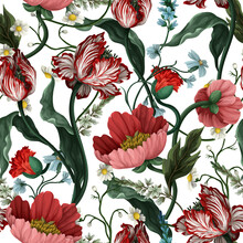 Seamless Pattern With Vintage Flowers Such As Tulip, Poppies And Chamomiles. Classical Vector Wallpaper.