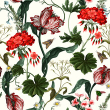 Seamless Pattern With Tulips, Geraniums And Bugs. Vector.