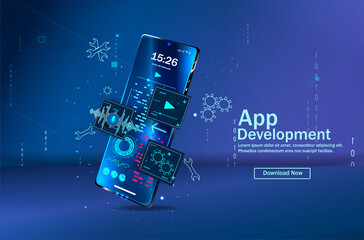 Wall Mural - web development and coding. cross-platform development site. application development banner, adaptiv