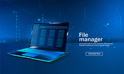 File manager. File management. The landing page of the file transfer and data management concepts. A mobile application for data analysis and accounting. Online paperwork storage. Vector