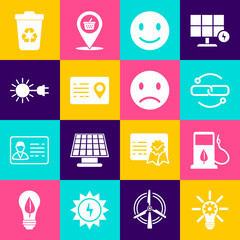 Wall Mural - Set Light bulb with gear, Bio fuel fueling nozzle, Chain link line, Smile face, Address book, Sun electric plug, Recycle bin recycle and Sad smile icon. Vector