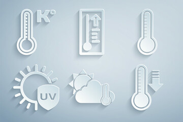 Wall Mural - Set Thermometer and cloud, sun, Meteorology thermometer, UV protection, and icon. Vector