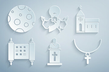 Sticker - Set Church pastor preaching, building, Decree, paper, parchment, scroll, Christian cross on chain, Jesus and Moon icon. Vector