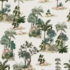 Canvas Print - Seamless pattern with vintage trees and palms, plants. Vector.