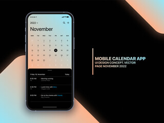 Wall Mural - mobile calendar app concept november 2022 page with to do list and tasks ui ux design vector on real