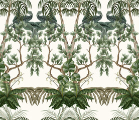 Wall Mural - Seamless pattern with vintage trees and palms, plants. Vector.