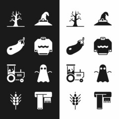 Sticker - Set Sweater, Eggplant, Bare tree, Witch hat, Tractor, Ghost, Winter scarf and Wheat icon. Vector