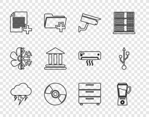 Sticker - Set line Storm, Blender, Security camera, CD DVD disk, Add new file, Bank building, Furniture nightstand and USB icon. Vector