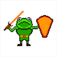 Frog Warrior Pixel Art. Vector Illustration.