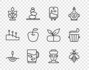 Wall Mural - Set line Acupuncture therapy, Bee, IV bag, Cup of tea and leaf, Plant, Apple, Facial cosmetic mask and Sauna bucket ladle icon. Vector