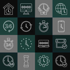 Wall Mural - Set line Clock, Calendar with check mark, Alarm clock app mobile, 24 hours, Retro wall watch and Stopwatch icon. Vector